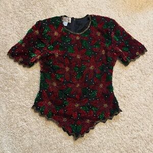 Vintage Christmas Poinsettia Beaded Sequined  Embellished Top Blouse S Red Green